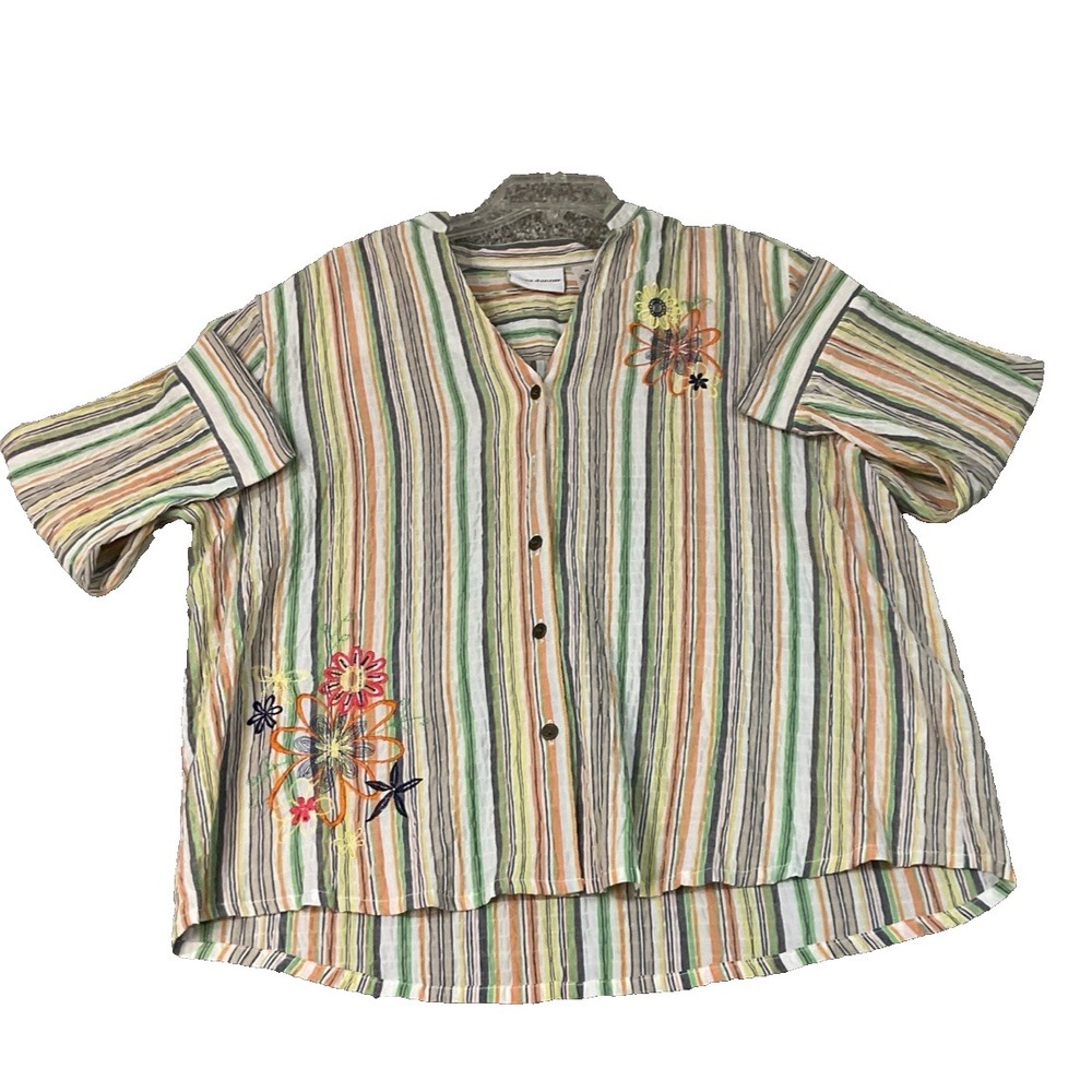 ALFRED DUNNER Shirt Beachy Button Up Striped Floral Embroidered Shirt Sz 20